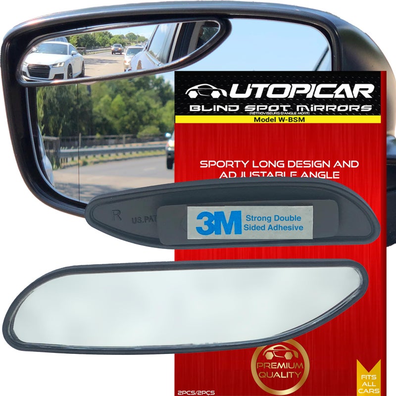 Utopicar Long Blind Spot Car Mirror Aesthetic Convex Mirrors - Side Mirror Engineered Design - Up & Down Adjustable - Blind Spot Rear View Mirrors for Car (2-Pack) - Image 1